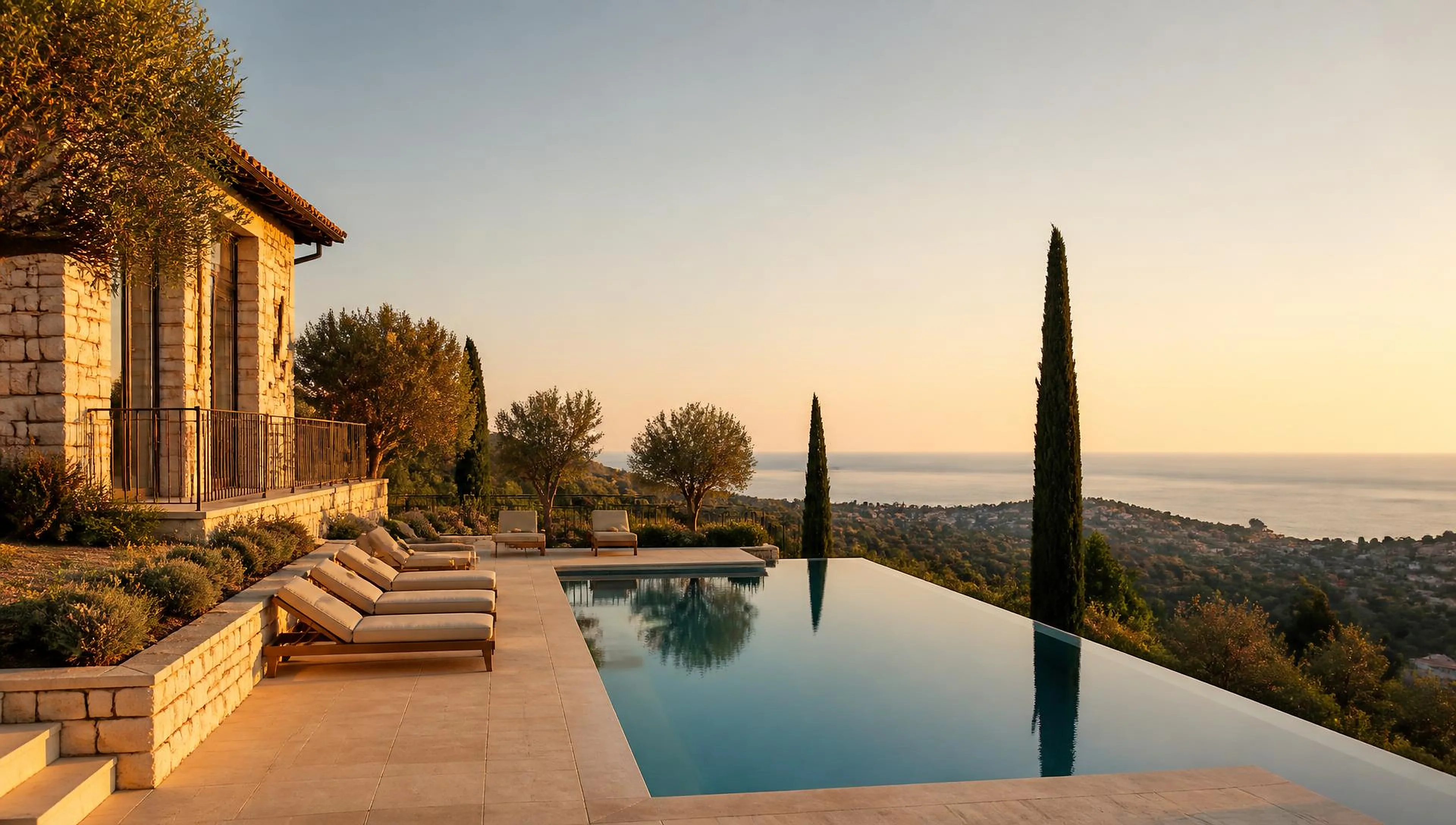 Villa de prestige sur la Côte d'Azur au coucher du soleil, piscine à débordement et vue sur la Méditerranée