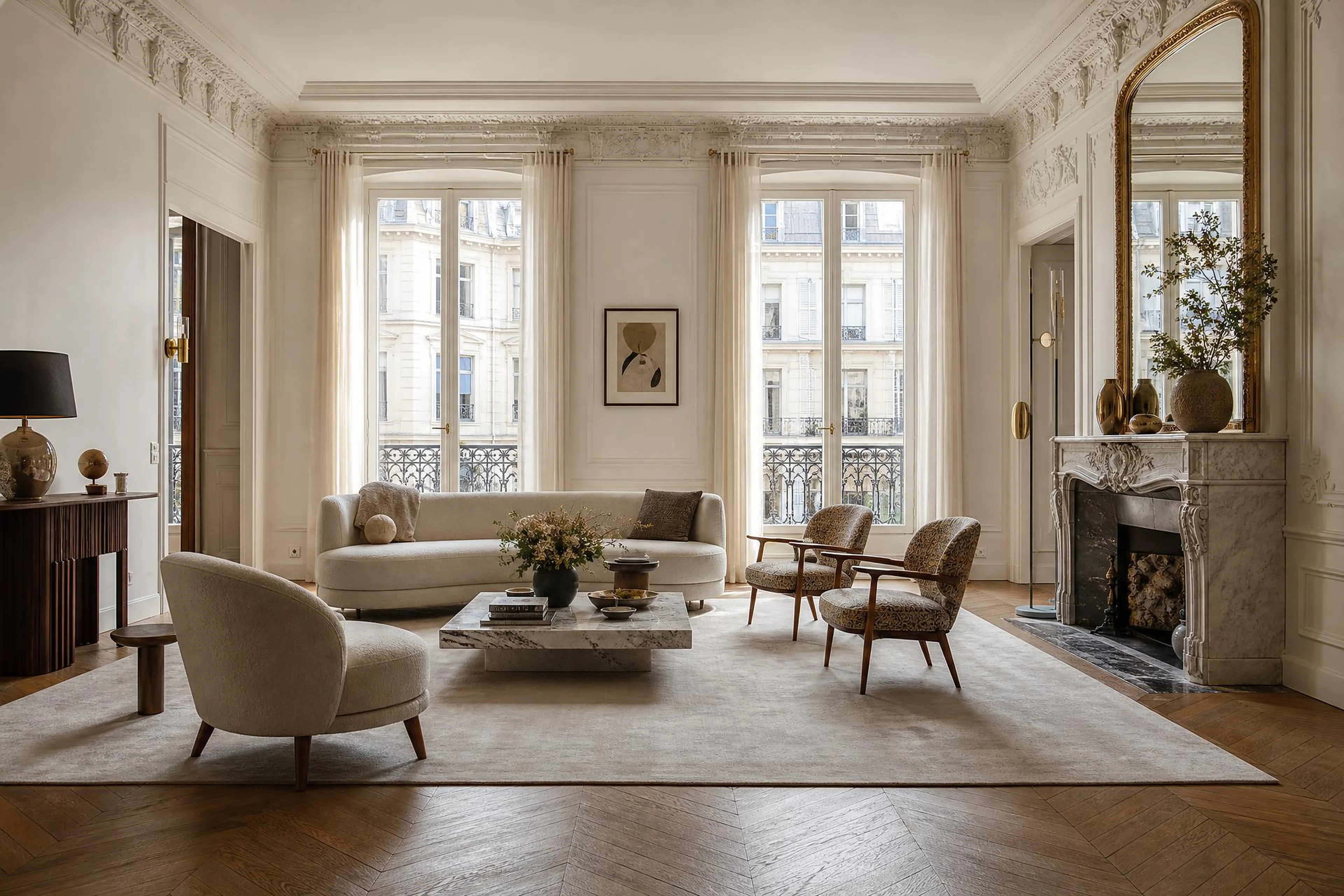 A luminous Haussmann salon in Paris with herringbone parquet, marble fireplace and tall French windows