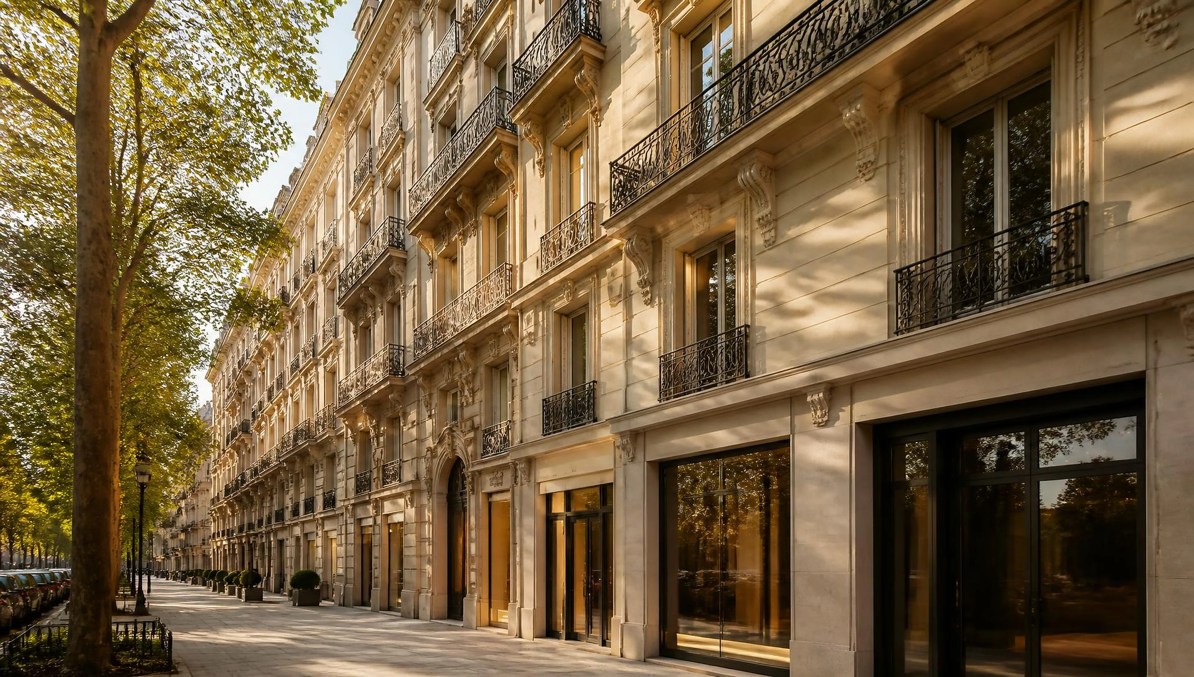 Façade haussmannienne de l'avenue Montaigne à Paris, balcons en fer forgé et pierre de taille dorée par la lumière de fin d'après-midi