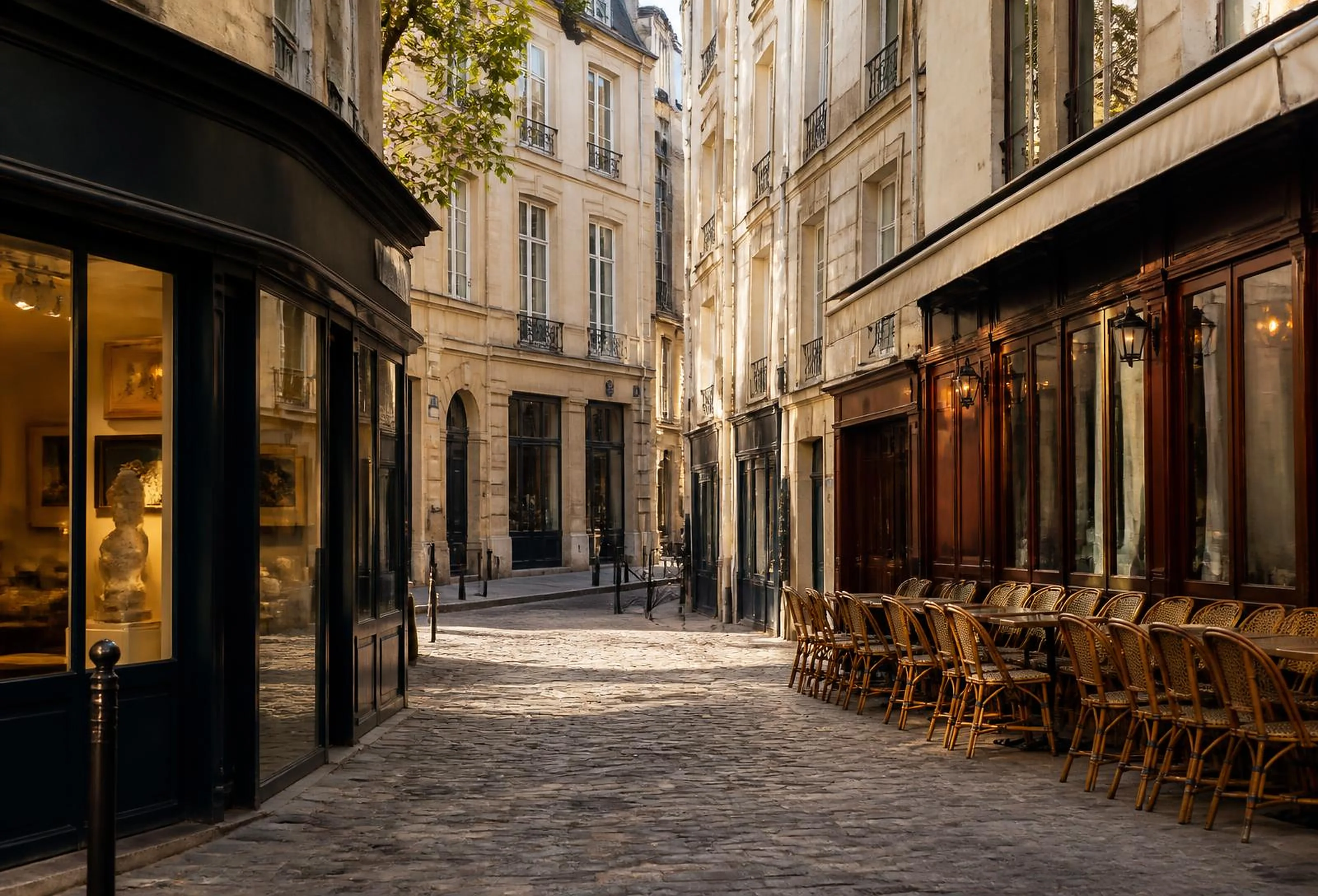 Rue pavée de Saint-Germain-des-Prés à Paris, galerie d'art et terrasse de café historique